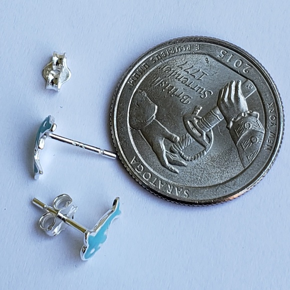 Dainty Sterling Silver Blue Enamel Dolphin Earring - Picture 6 of 7